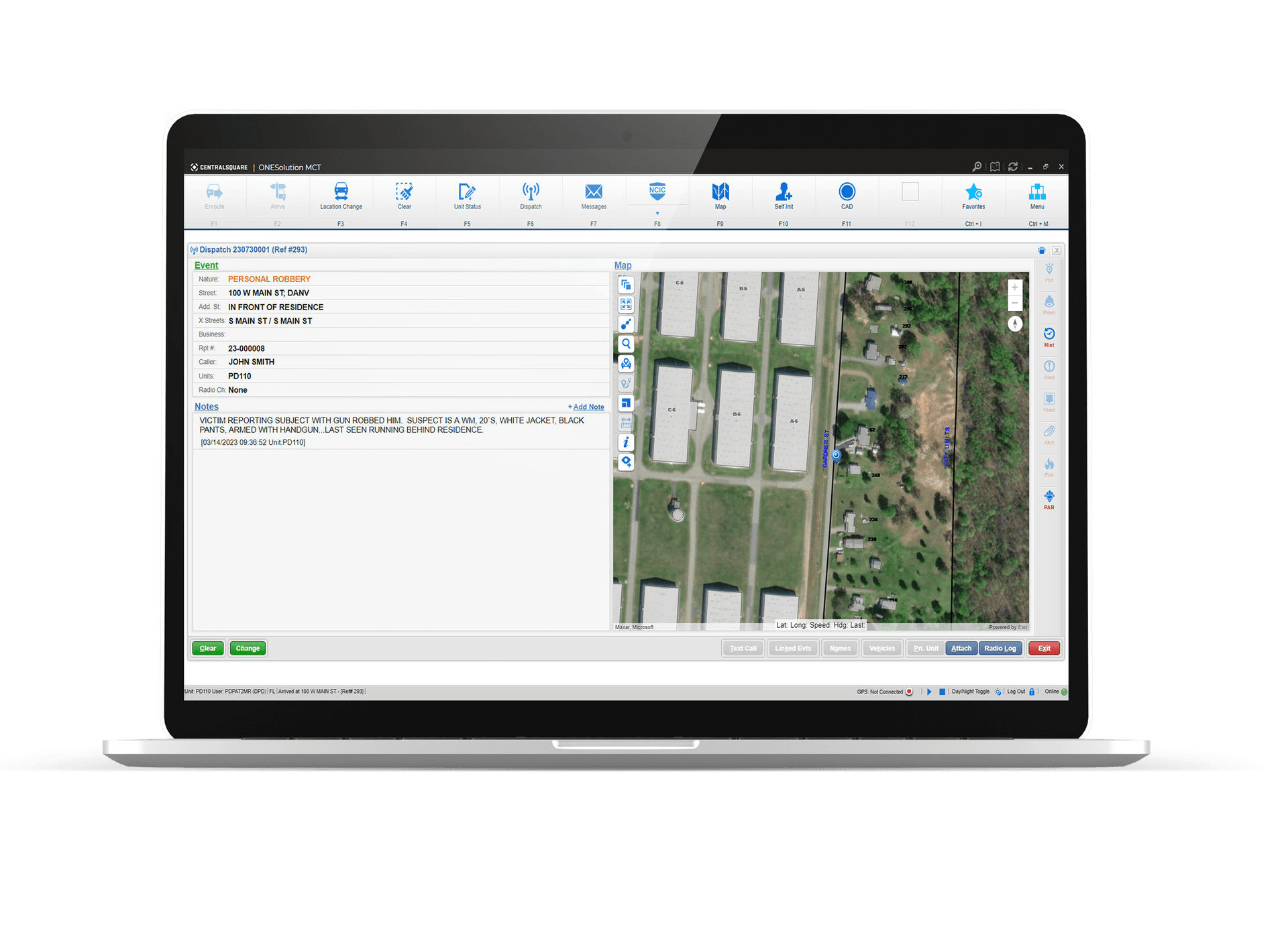 A screenshot of a laptop running CentralSquare's ONESolution suite of public safety software.
